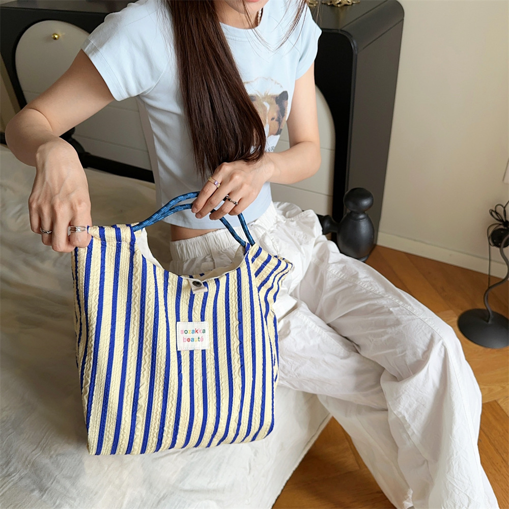 44181 Japanese and Korean striped tote canvas bag, women's summer large-capacity commuter single-shoulder bag, work handbag Specification drawing