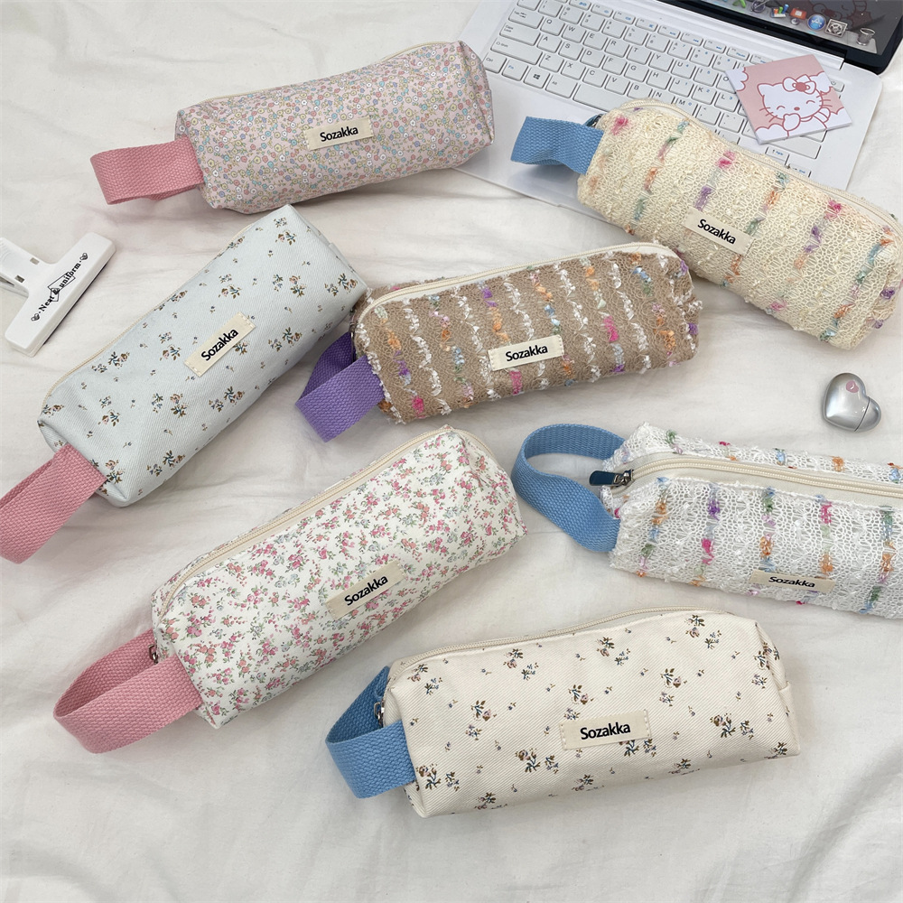 54245 High-appearance-level floral print hand-held pen case for female students, portable large-capacity stationery bag, pencil case storage bag full figure
