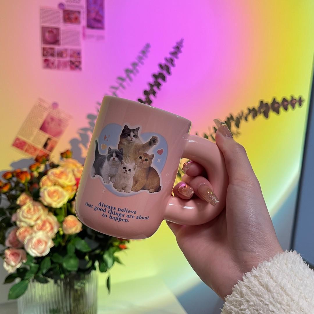 High appearance level, chubby handle ceramic cups, cute cat mugs, niche and girlish coffee cups and water cups, gift box set Specification drawing