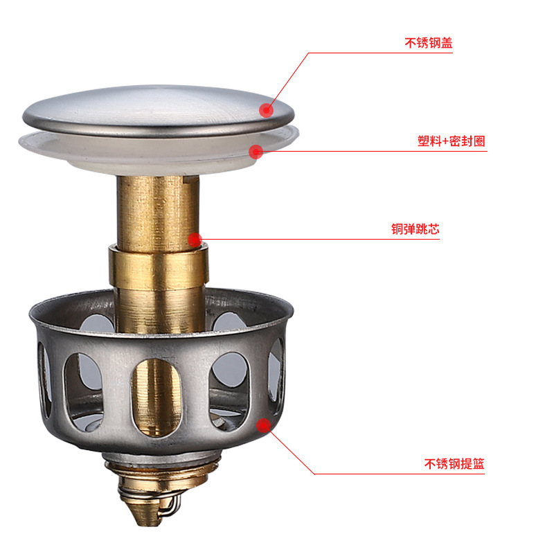 Washbasin drain, spring core, washbasin, washbasin leakage plug, water blocking cover, washbasin, stainless steel water drain accessories details Picture