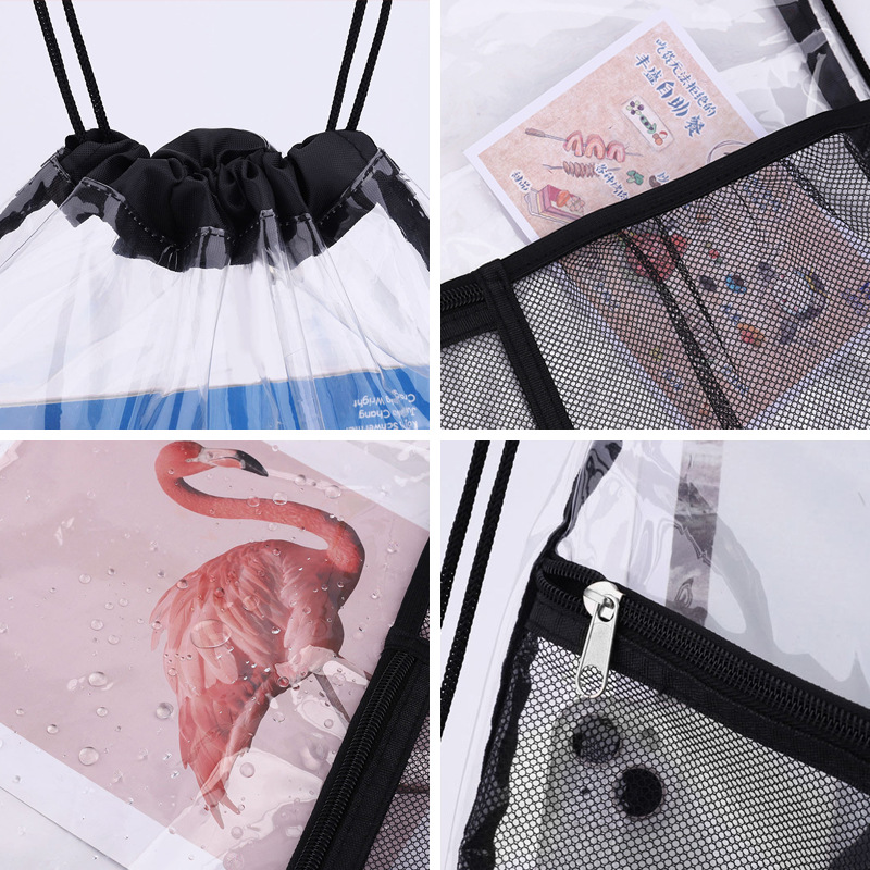 Travel waterproof storage transparent toiletry bag with drawstring, beach bag for storing sports dirty clothes, and backpack for organizing Application Scenario