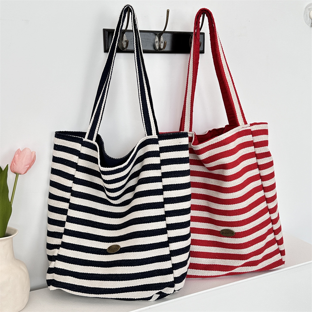 48302 High Appearance level Double-sided striped canvas bag 2024 New large-capacity casual commuting single-shoulder tote bag details Picture