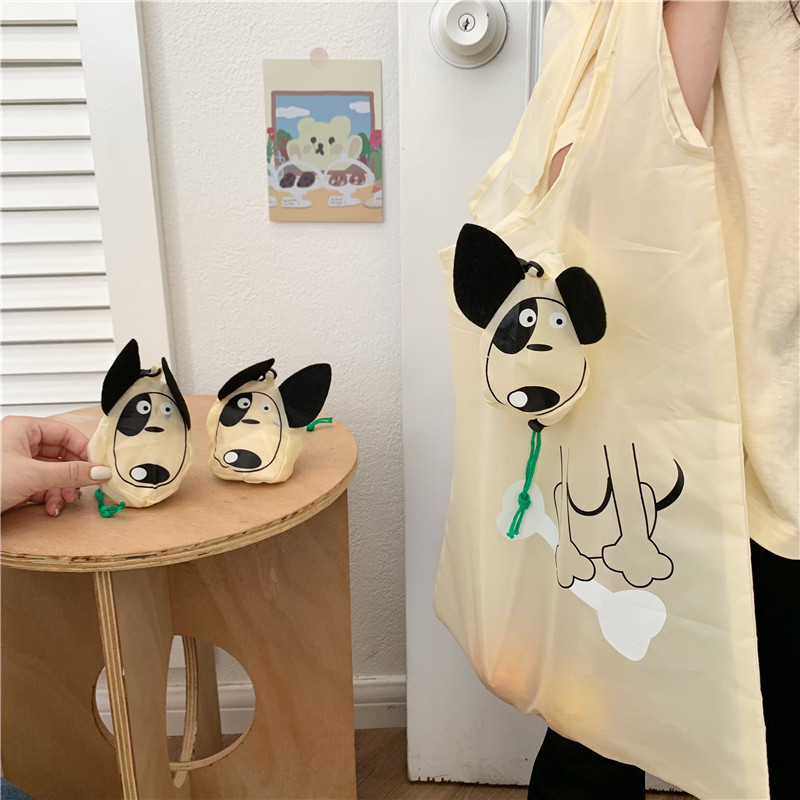 Ins-style simple cartoon dog foldable shopping bag, portable large-capacity eco-friendly garbage bag handbag Application Scenario