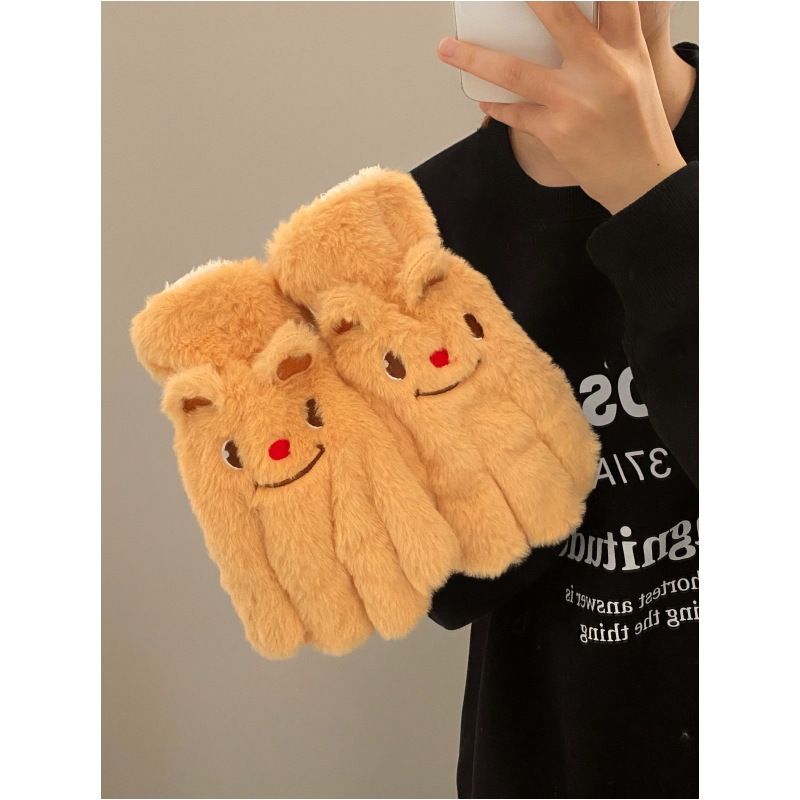 Cute little bear half-finger-flip plush gloves for girls to keep warm in autumn and winter, with thickened fleece. Cute students to keep warm when writing Specification drawing