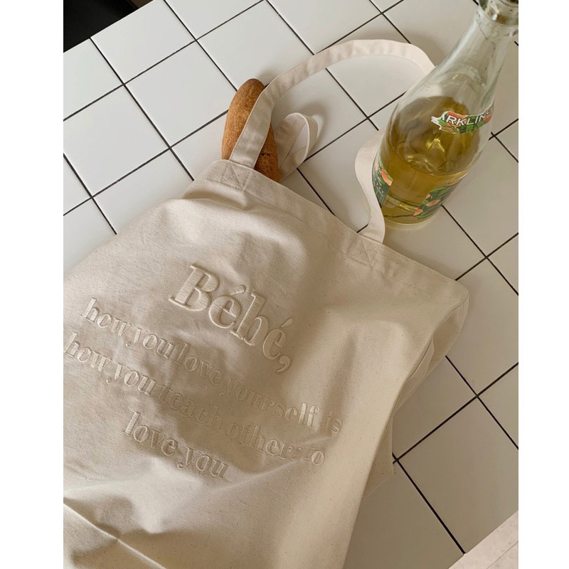 【 In Stock 】1581 Korean Bebe letch-embroidered canvas bag, ins Korean style macaron-colored student shoulder bag Item Picture