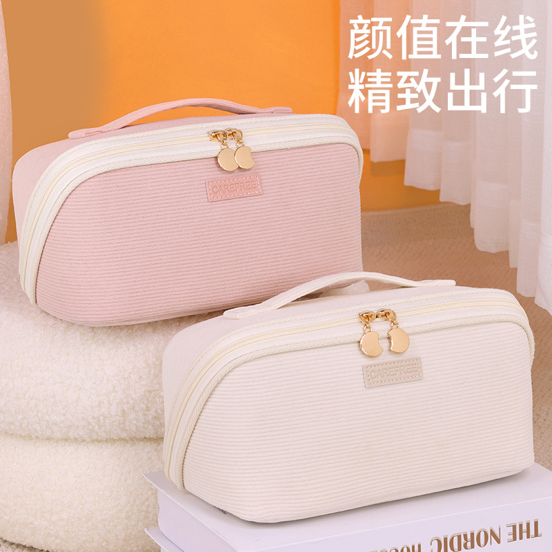 New cross-border corduroy open makeup bag with large opening and multi-functional compartments for storage, travel portable toiletry bag full figure