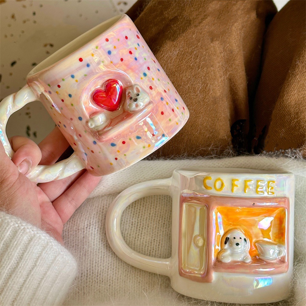 Cute pearlescent embossed puppy mug, girlish heart, high appearance level ceramic cup, couple breakfast coffee cup, water cup Specification drawing