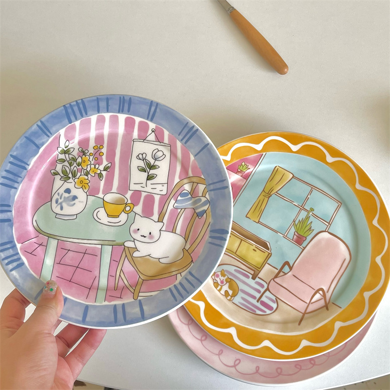Cute and childlike cartoon ceramic plates, high-quality Korean-style household tableware, dessert plates, salad breakfast plates, ceramic flat plates details Picture