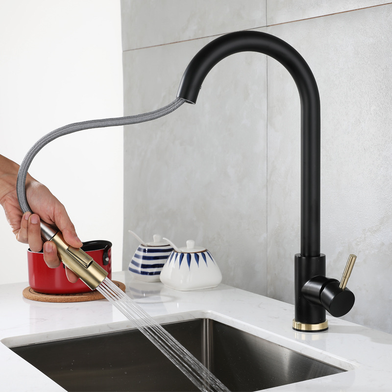 Cross-border best-selling 304 stainless steel kitchen pull-out faucet, hot and cold rotating telescopic kitchen sink faucet details Picture