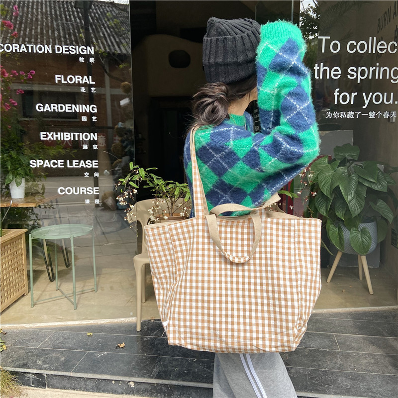 1171 New 2021 Japanese and Korean version simple checkered double-sided single-shoulder bag for student girls, casual dual-purpose large cloth bag Specification drawing