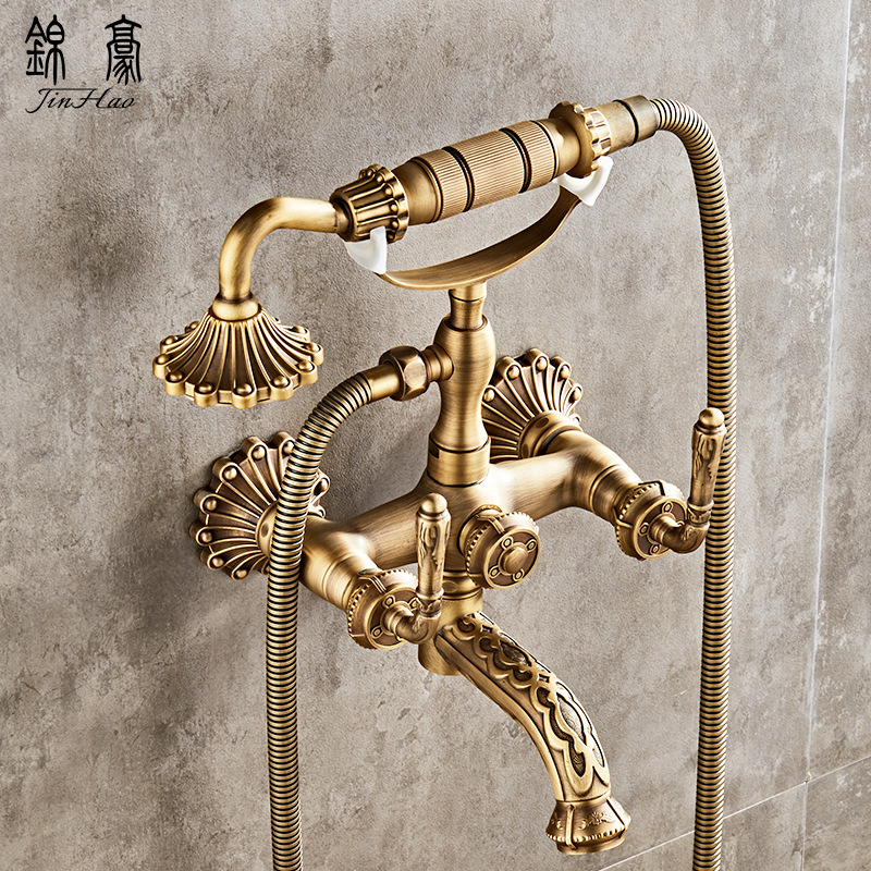 All-copper retro simple showerhead, European-style carved bathtub showerhead, cold and hot water mixing valve, bathroom handheld small showerhead set details Picture