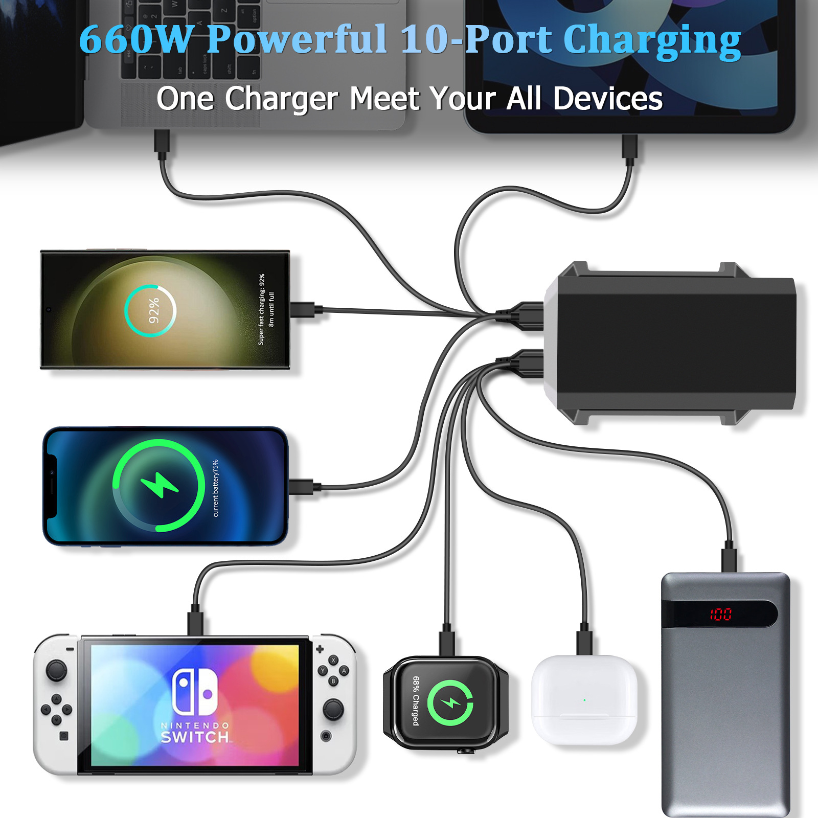 Multi-port usb charger, gallium nitride charger, charging head, multi-port fast charging 660w high-power desktop charging station Specification drawing