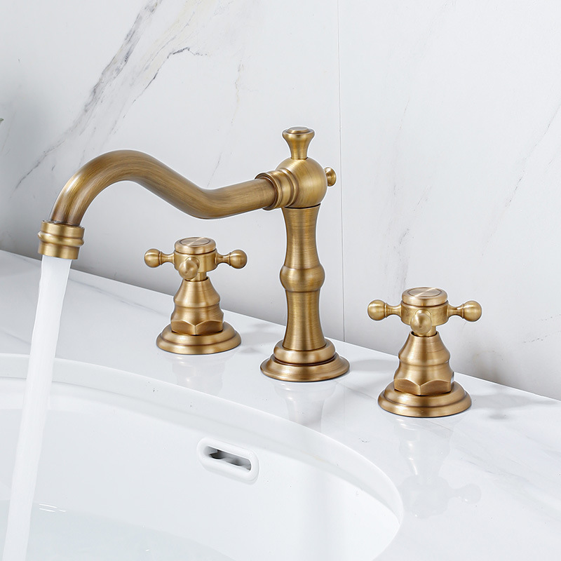 Antique and retro three-piece set, three-hole European-style hot and cold water basin, faucet, bathroom cabinet, split brass washbasin full figure