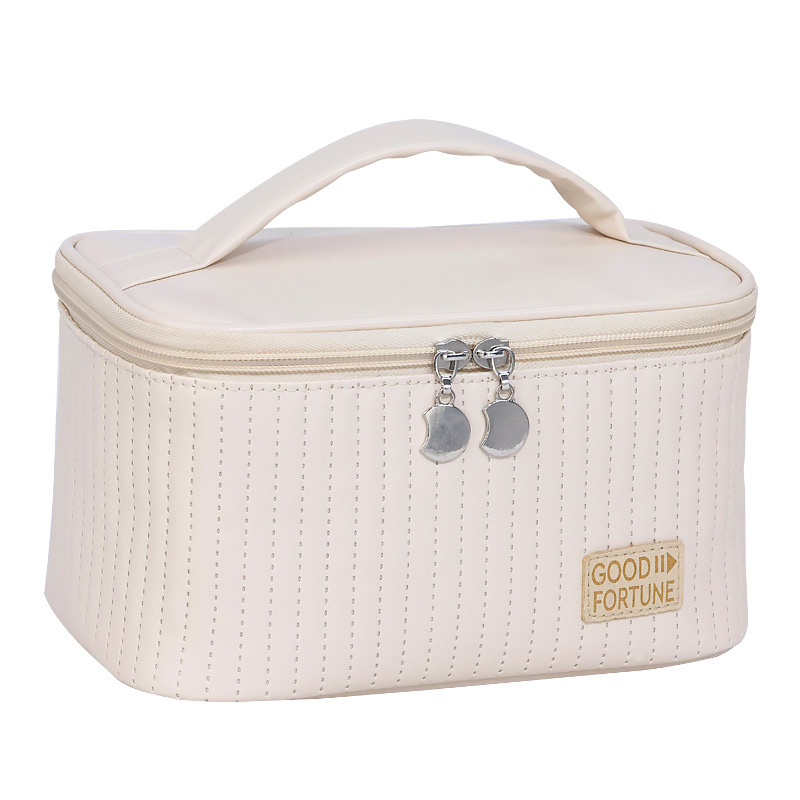 Open-lid cake makeup bag, PU solid color hand-held toiletry bag, cosmetics storage bag, makeup bag, large capacity, high-end feel Item Picture