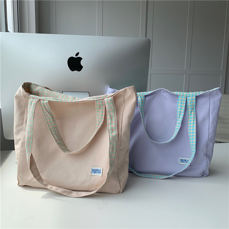 Wholesale of 12254 Japanese and Korean style double-bread simple checkered single-shoulder bag for student girls and casual dual-purpose canvas bag full figure