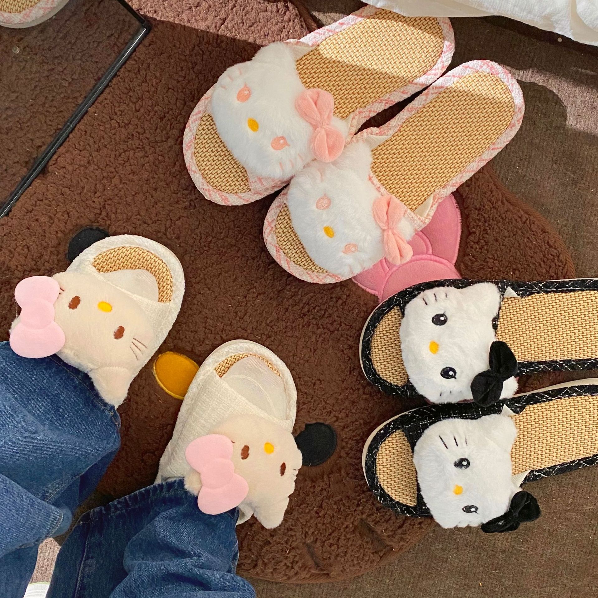 Cute cat-shaped linen slippers, women's fabric breathable indoor home anti-slip one-line slippers, lightweight flat cotton and linen slippers Specification drawing