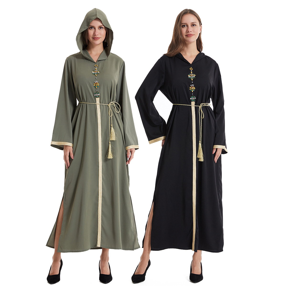 Factory stock: Women's hooded long-sleeved dress with woven tape, hand-sewn and diamond robe, Middle Eastern Arab women's long dress abaya robe, women's hooded Muslim style