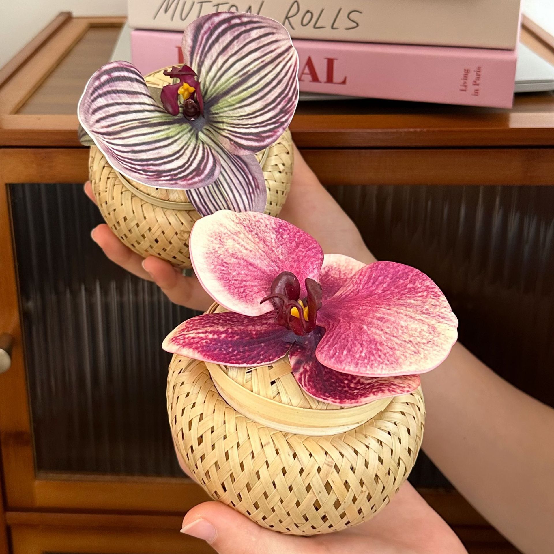New Chinese-style Phalaenopsis wedding candy box, bamboo weaving storage box, high-end tabletop decoration, wedding and engagement decoration box Specification drawing