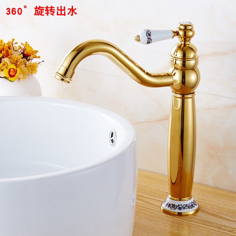 Golden faucet, hot and cold European-style faucet, all-copper bathroom, raised blue and white porcelain countertop basin, gilded antique faucet Application Scenario