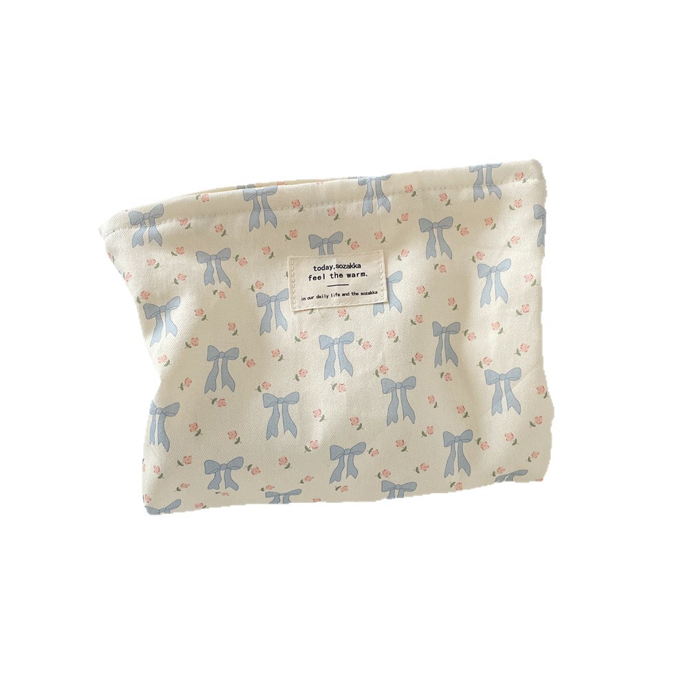 5622 Cosmetic bag with printed bow, portable skin care products storage, fabric small square bag, coin purse, and miscellaneous organization Item Picture