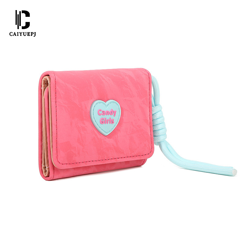 Korean version of INS heart-shaped candy wallet, simple lanyard wallet, women's short style, 30% off, women's wallet, student wholesale Item Picture