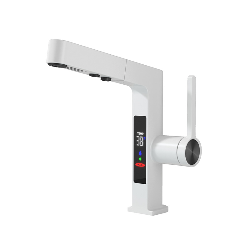 All-copper white smart pull-out washbasin faucet, washbasin, washbasin, countertop, household digital display cold and hot water faucet Item Picture
