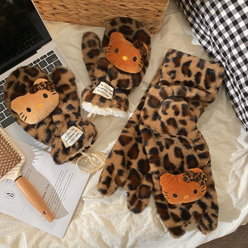 High appearance level leopard print cat gloves, women's winter plush gloves, student cold-proof cycling warm fleece and thickened gloves Item Picture