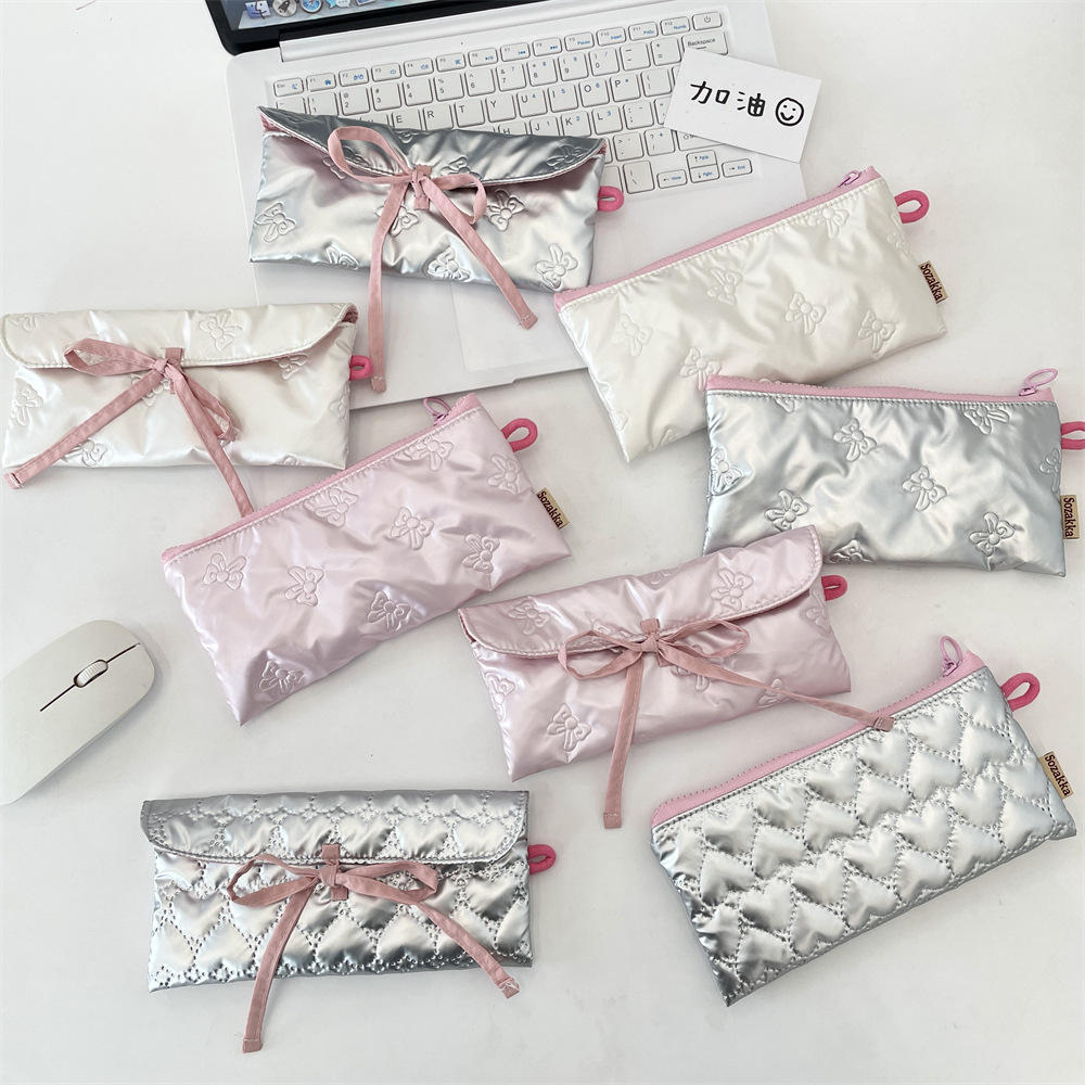 5462 Quilted bow flap pen case, coin purse, portable storage bag for women, multi-functional student stationery box full figure