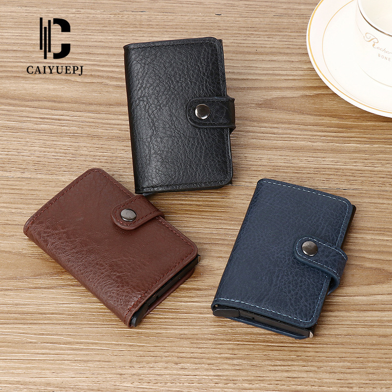 Men's small card case, ID card bag, European and American buckle, RFID automatic card spring, retro card holder, anti-magnetic card holder storage bag full figure