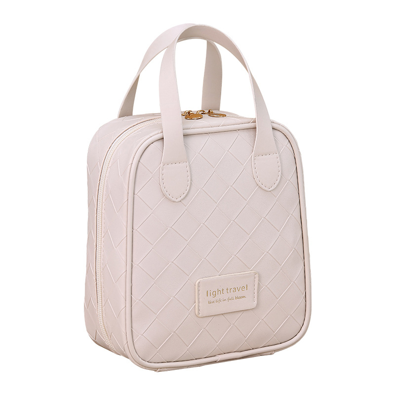 New large-capacity woven makeup bag, high appearance level portable travel PU hand-held zoned makeup lipstick storage bag Item Picture