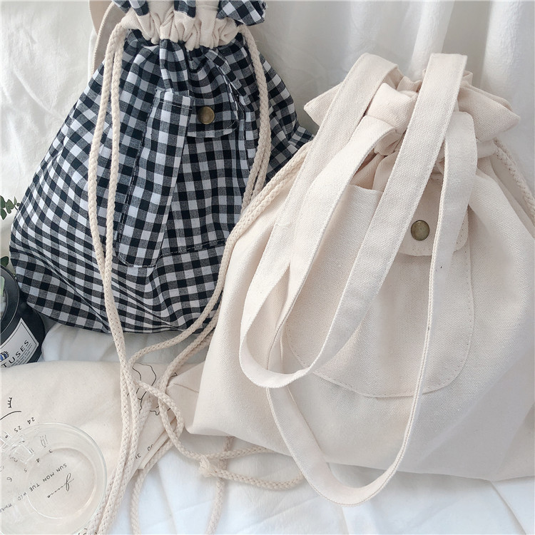 03172 Japanese ins canvas Bag 2020 New Style hand-held drawstring single-shoulder bag, artistic check student cloth bag wholesale full figure