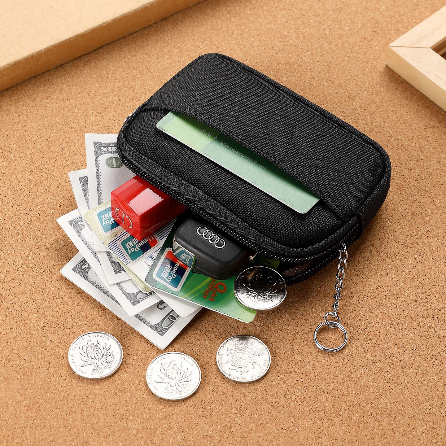 The new Oxford cloth coin purse is fashionable and versatile. It's a casual mini bag with a unique workwork-style key case and earphone card case Application Scenario
