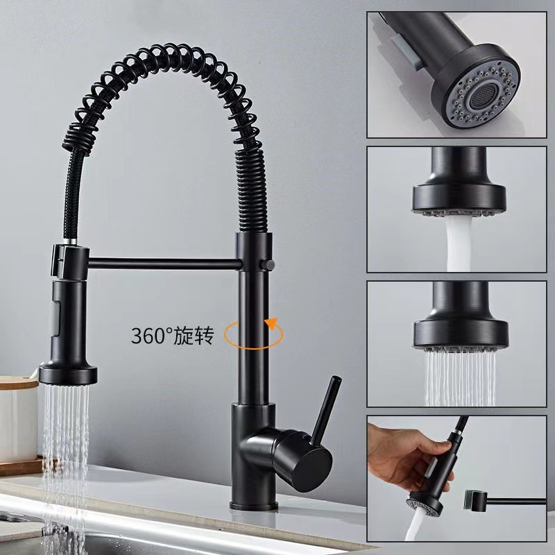 Cross-border pull-out spring stainless steel kitchen hot and cold water faucet, sink, washbasin, universal rotating anti-splash faucet full figure