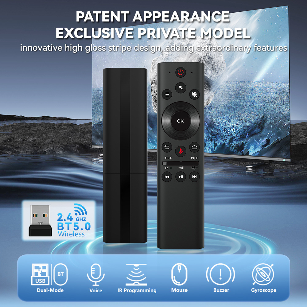 2.4G Bluetooth dual-mode wireless voice flying mouse with gyroscope supports TK, douyin, page turning, video scrolling and buzzer Specification drawing