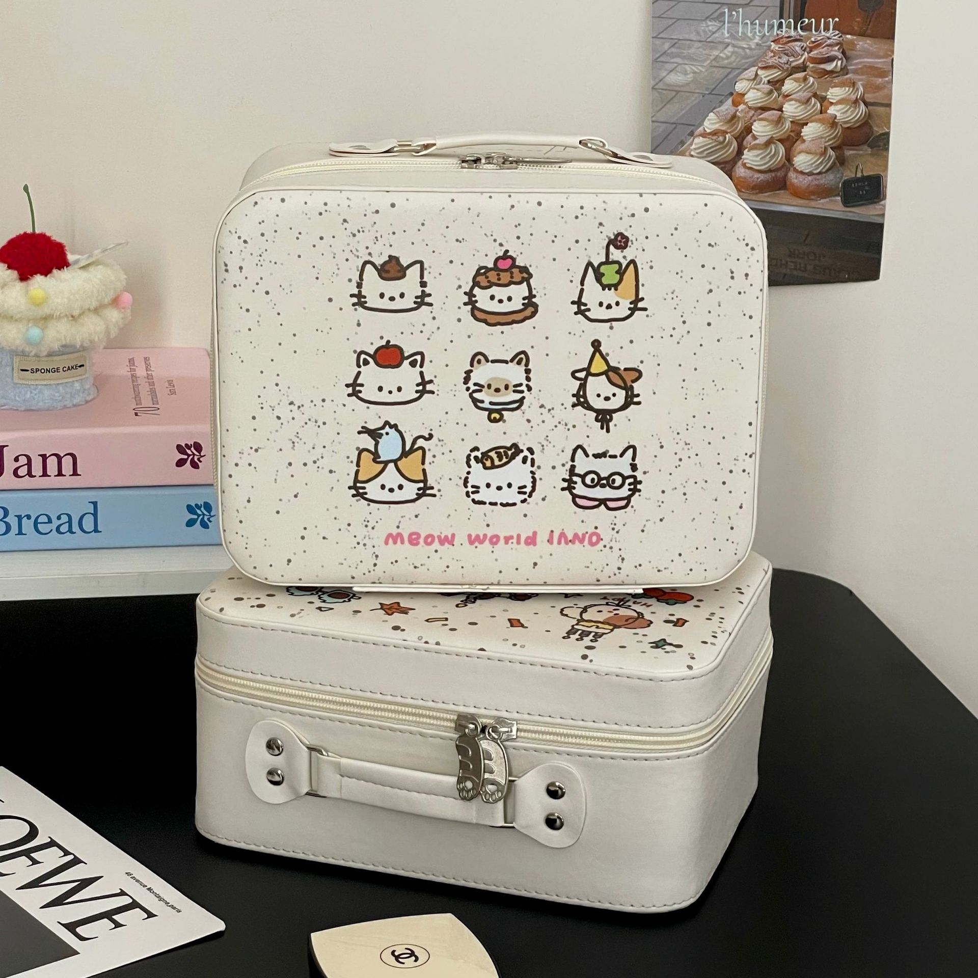 Spotted Cat makeup case, pu leather storage suitcase, portable large-capacity skincare and business trip storage makeup bag details Picture