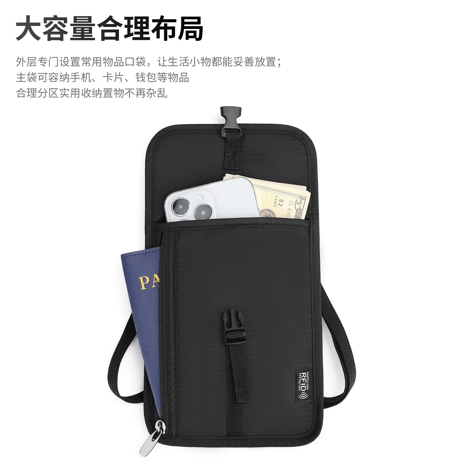 Factory direct sales RFID anti-shielding and anti-fraud, large-capacity, multi-layer neck-hanging Oxford cloth passport and document bag Application Scenario