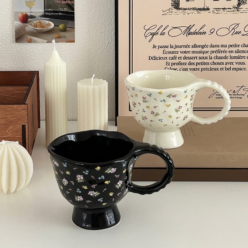 Retro light luxury floral mug, ins style, high appearance level, hand-molded ceramic cup, breakfast milk coffee cup, water cup for women Specification drawing
