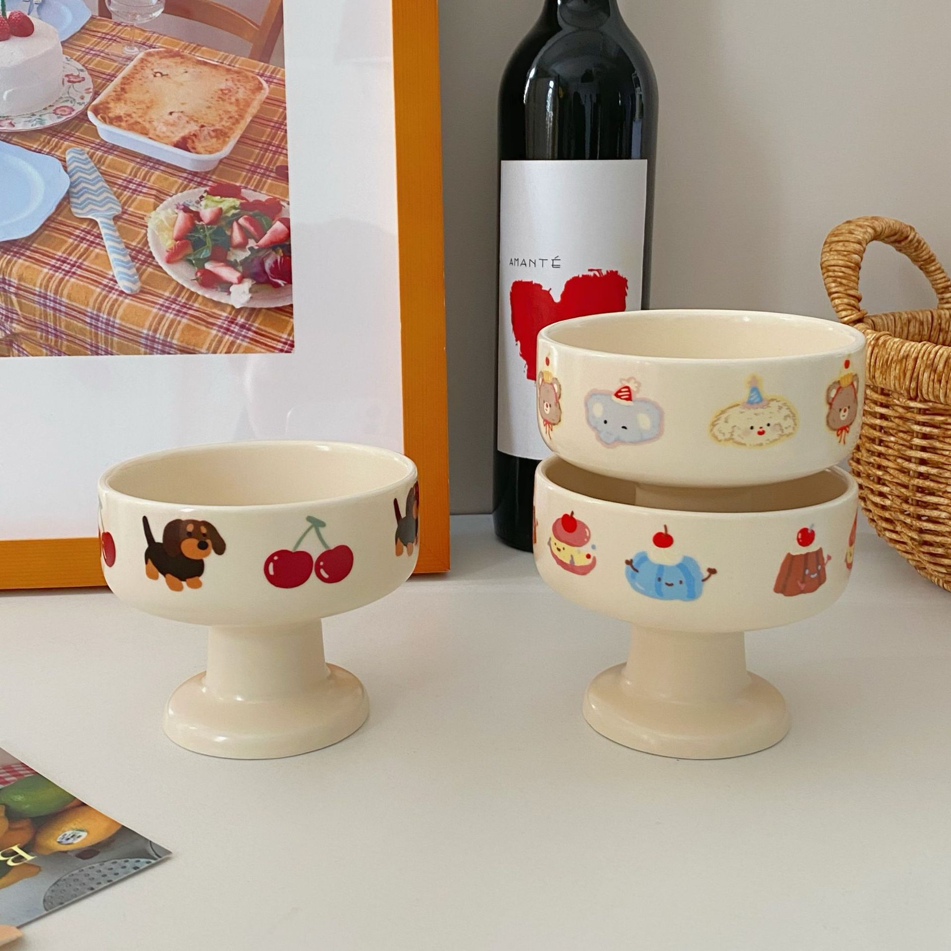 Ins-style Korean cream cute tall bowl, cartoon matte ceramic dessert bowl, tall ice cream bowl, yogurt bowl details Picture