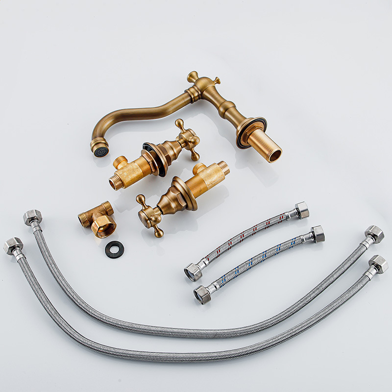 Antique and retro three-piece set, three-hole European-style hot and cold water basin, faucet, bathroom cabinet, split brass washbasin Application Scenario