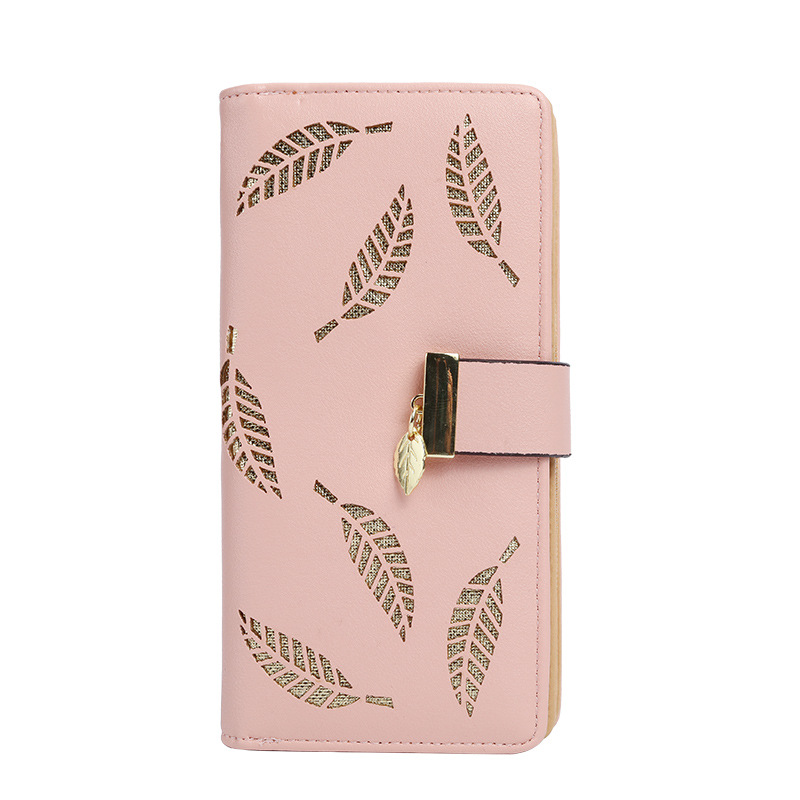 2021 New Korean-style women's wallet, long and fashionable clutch bag, hollowed-out leaf zipper buckle women's bag storage Item Picture