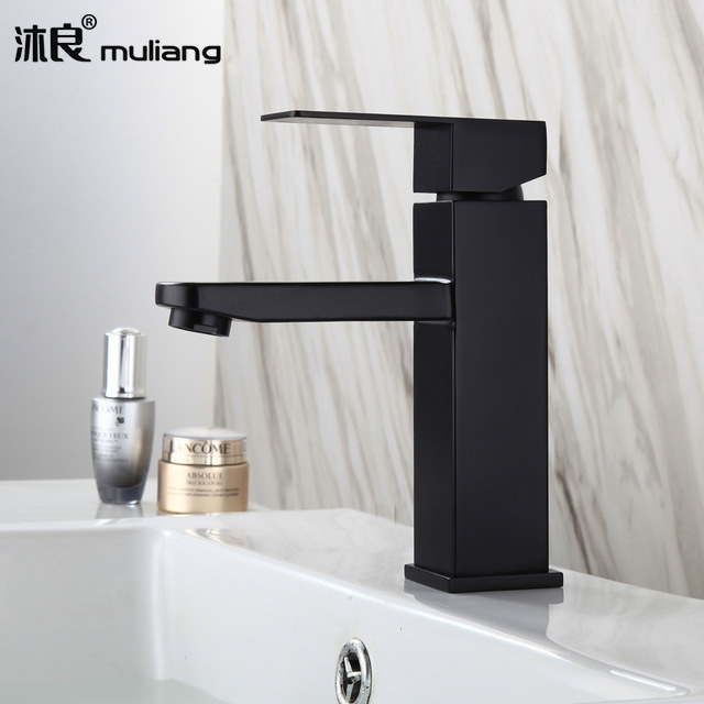Muliang stainless steel black bathroom washbasin faucet cold and hot mixed water bathroom square single-hole washbasin faucet full figure