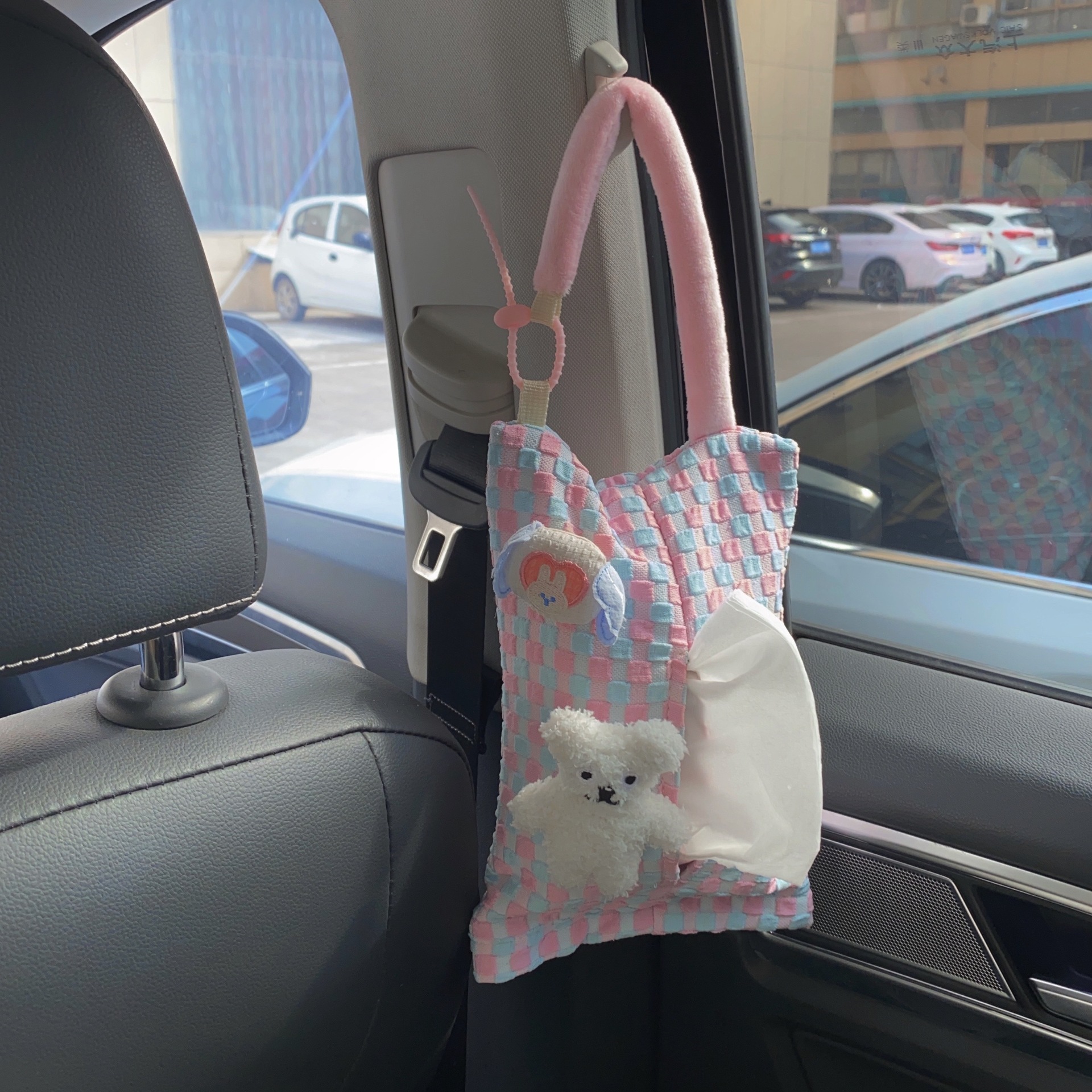 Creative grid car tissue box, fabric high-end feel, car hanging car tissue box, car in-car tissue box hanging bag details Picture