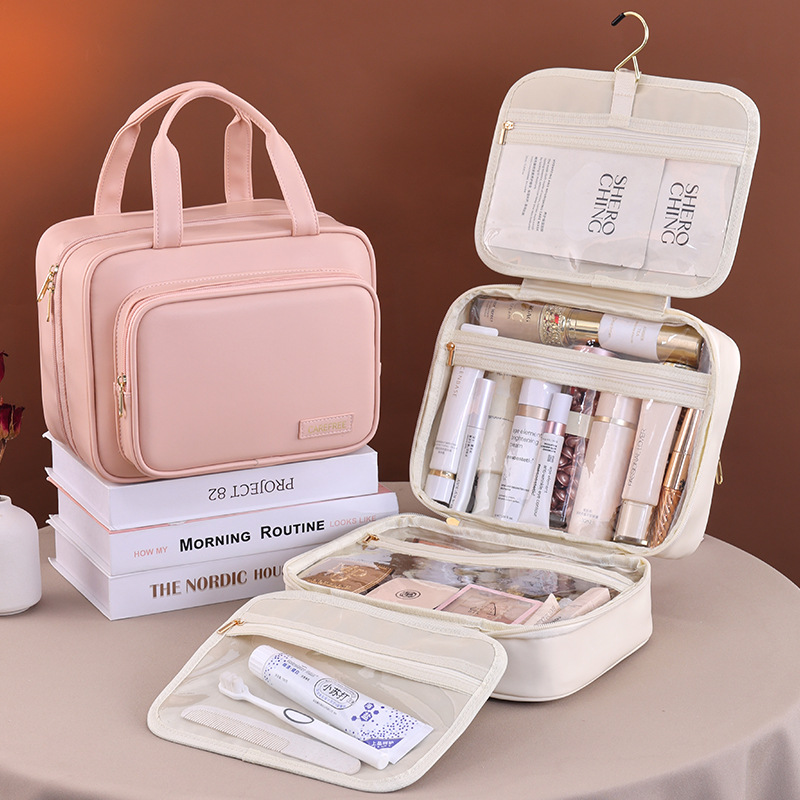 Multi-functional transparent multi-layer classified cosmetics storage bag, travel portable pu large-capacity folding hand-held toiletry bag full figure