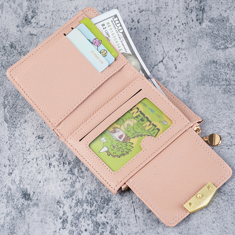 Cross-border women's short wallet ins lychee pattern high-end small folding three-fold multi-slot women's card bag wholesale details Picture