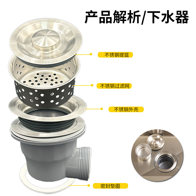 A complete set of stainless steel single and double trough drain pipe accessories for kitchen sink drainage, anti-odor sink drainage pipe Application Scenario