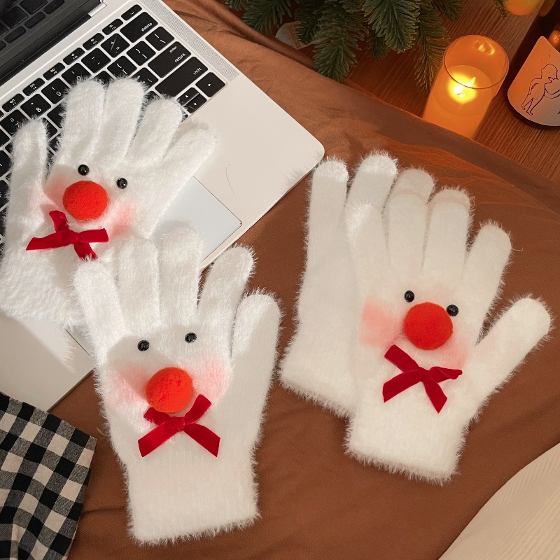 Christmas-themed snowman plush gloves for girls, cute and warm, thickened and warm bow finger gloves, Christmas gifts Specification drawing