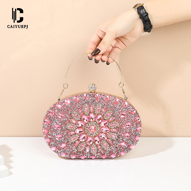 Cross-border new diamond clutch bag, dinner bag, oval single-shoulder bag, hand-held cheongsam bag, shell bag full figure