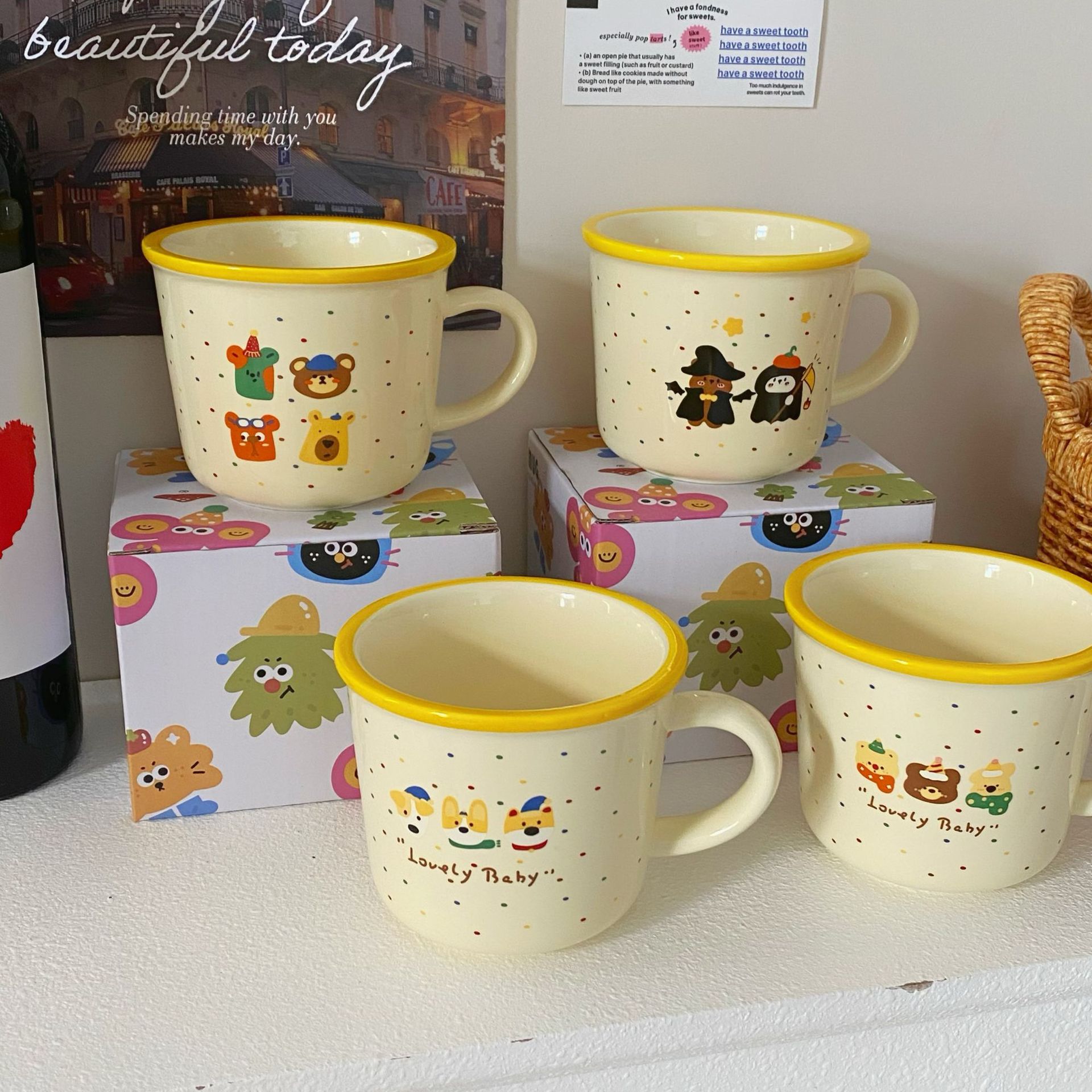 Cute colorful polka dot mugs, milk coffee cups with cartoon illustrations, ceramic cups, gift boxes full figure