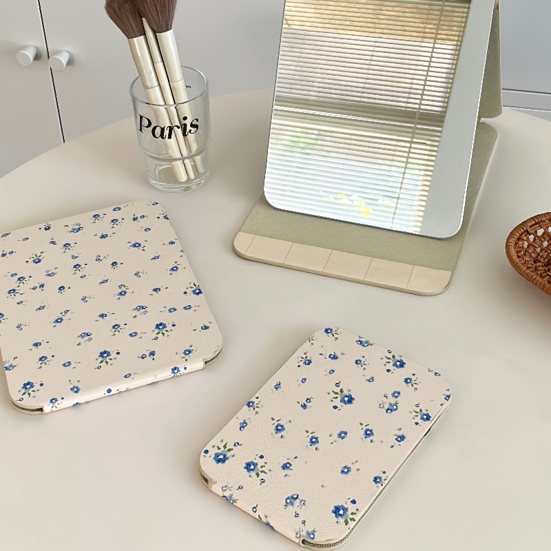 Retro floral folding small mirror, InS-style student dormitory home makeup mirror, table-style dressing mirror, portable mirror Item Picture