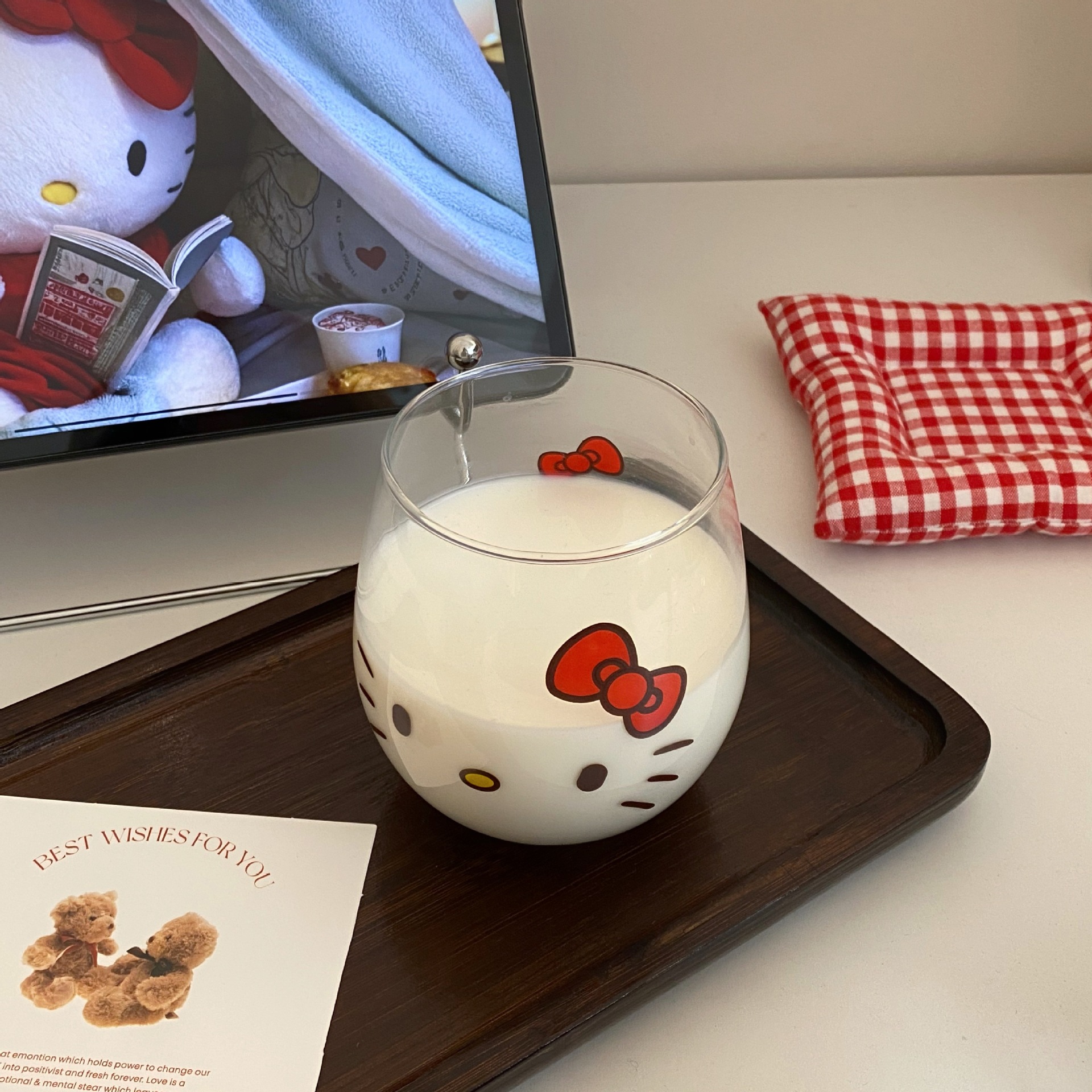 Red bow cat-bellied cup, high appearance level, cartoon cute glass cup, office home coffee and juice cup Specification drawing